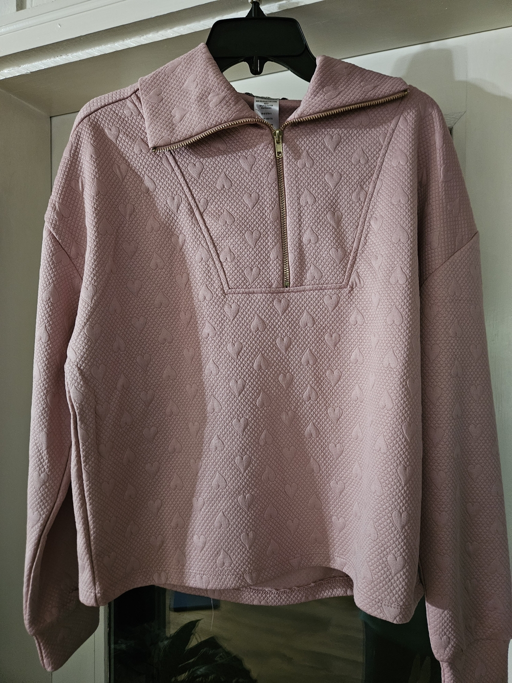 Women's Pink Zip-Front Textured Pullover Sage And Sol Small Hearts Pink